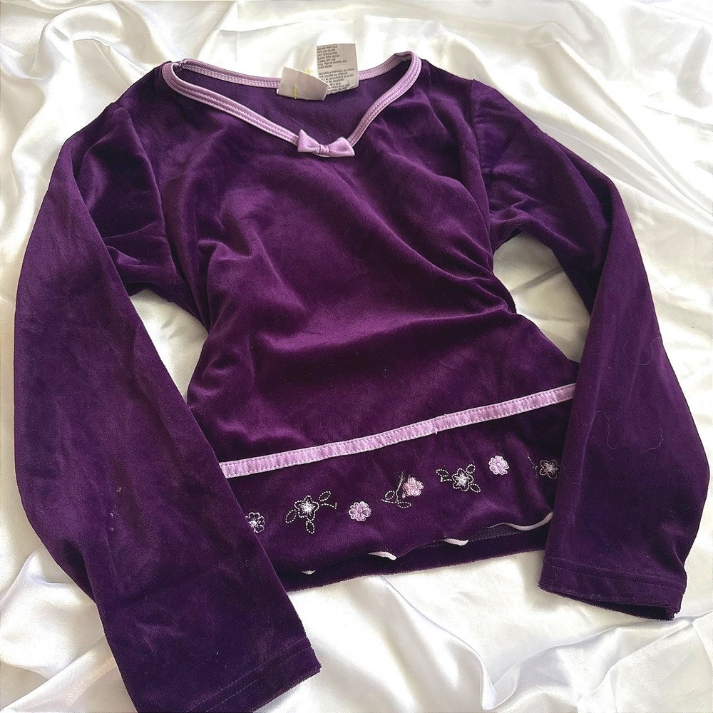 Rose Cottage Purple Velour Long Sleeve Top Floral Embroidery Bow Y2K Vintage 7/8